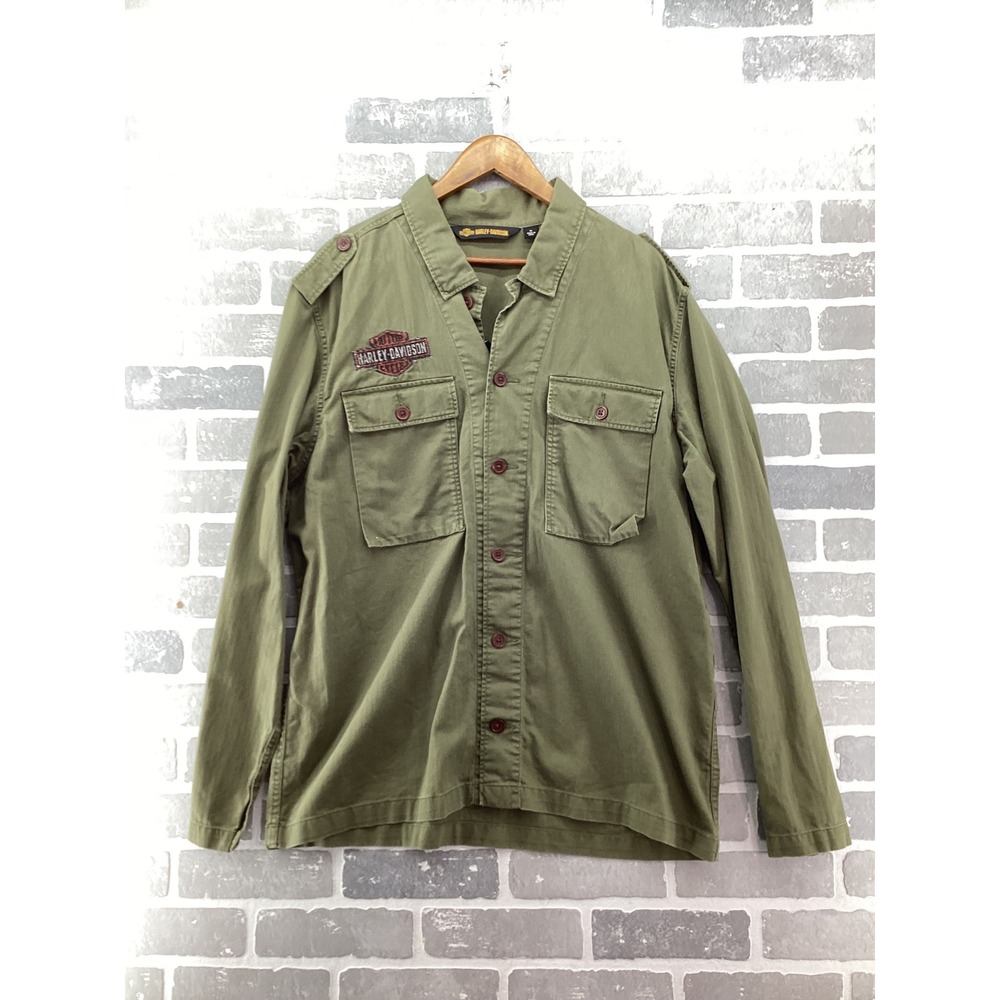 Harley Davidson Mens XL Olive Green Herringbone Military Button Up Shirt Logo